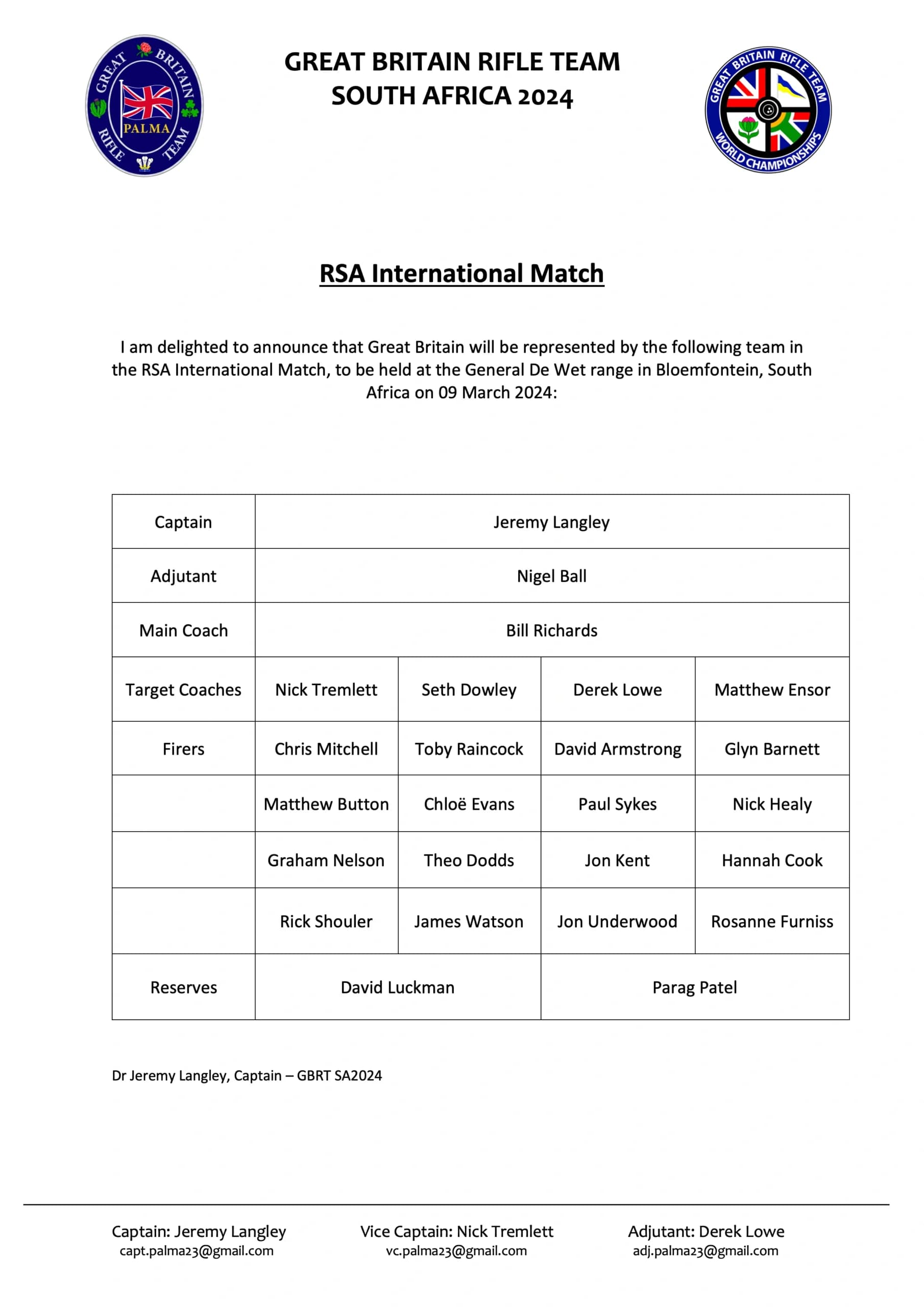 RSA International Team Announced